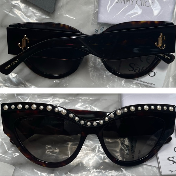 JIMMY CHOO HAVANA CAT EYE WITH FAUX PEARL DETAILING & GOLD “JC” LOGO SUNGLASSES - Picture 14 of 16